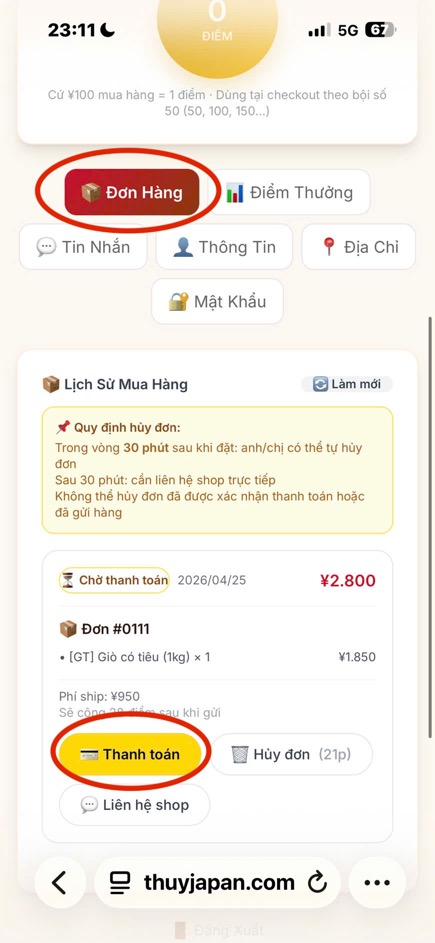 Tab Đơn Hàng với đơn chờ thanh toán