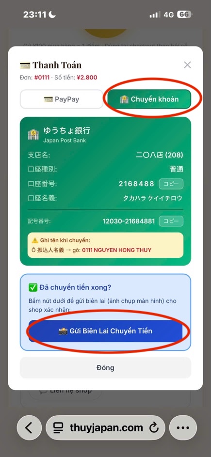 Tab Chuyển khoản với thông tin Japan Post Bank
