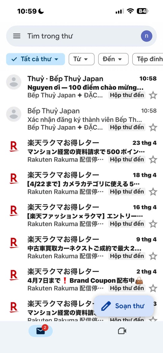 Hòm thư Gmail với 2 emails từ Bếp Thuỷ Japan