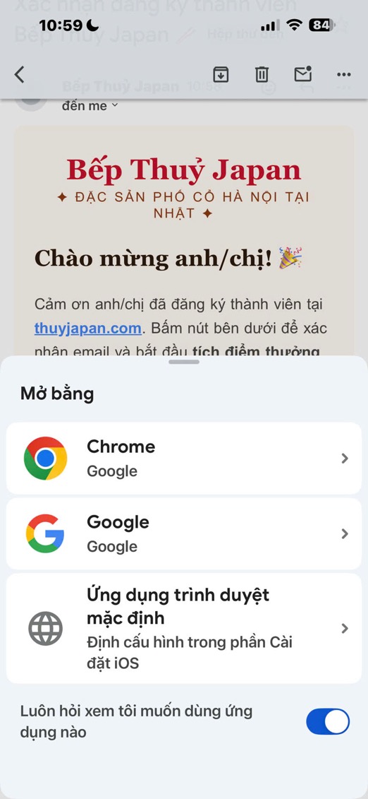 Popup mở bằng — chọn trình duyệt